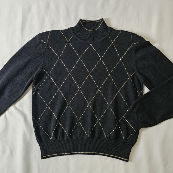 Liz Claiborne Sweaters - Vtg Liz Claiborne Black Gold Beaded Wool Blend Sweater Womens M